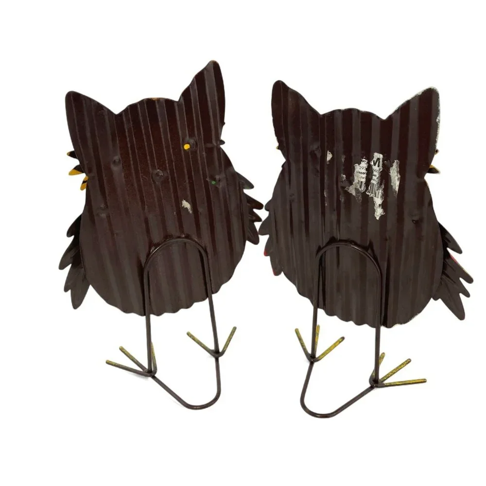 2 Metal Owl‎ Standing Figurines Colorful Fall Leaves Straw Sunflowers Cheerful